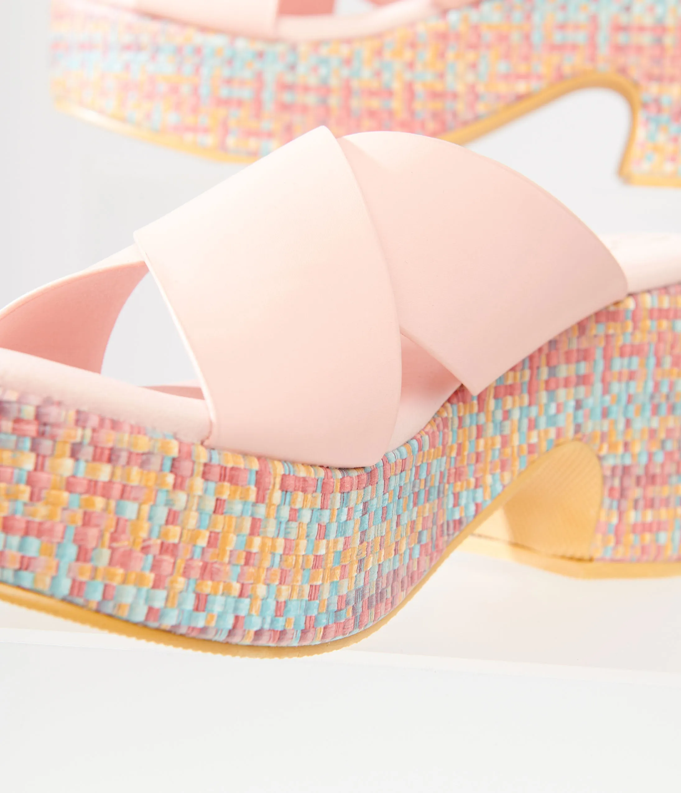 1970s Pink & Rainbow Woven Nellie Platform Sandals