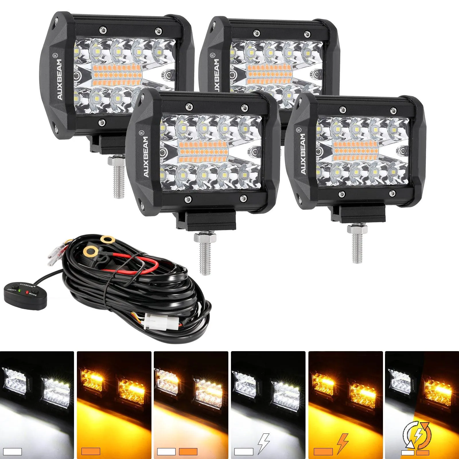 (2pcs/set) 4 inch 6 Modes White&Amber LED Working Light LED Pods with Wiring Harness for SUV ATV UTV Trucks Pickup Boat