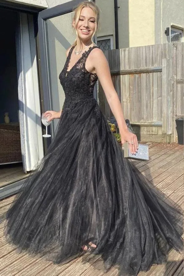 A Line V Neck Black Tulle Prom Dress Black Formal Dress PSK370