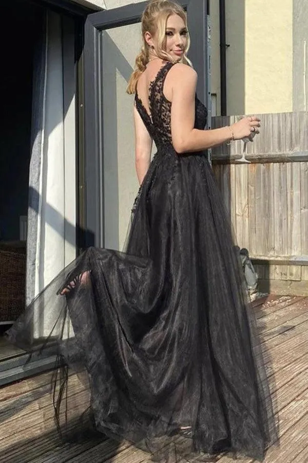 A Line V Neck Black Tulle Prom Dress Black Formal Dress PSK370