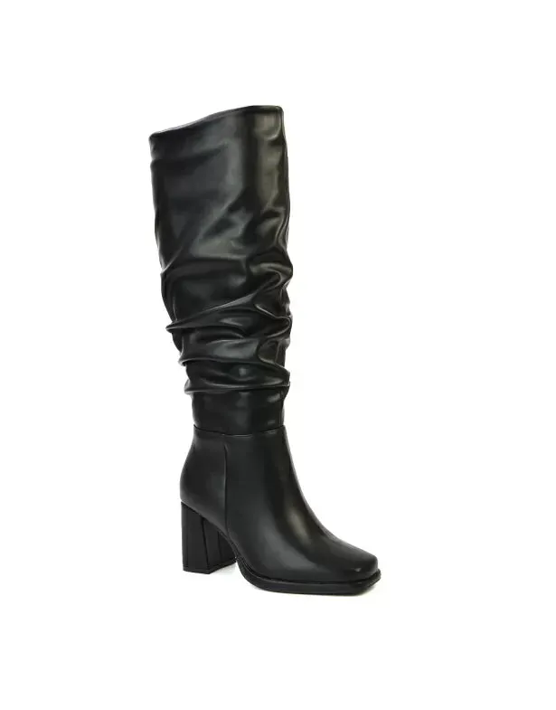 Aero Ruched Block Heel Wide Fit Knee High Boots in Black Synthetic Leather