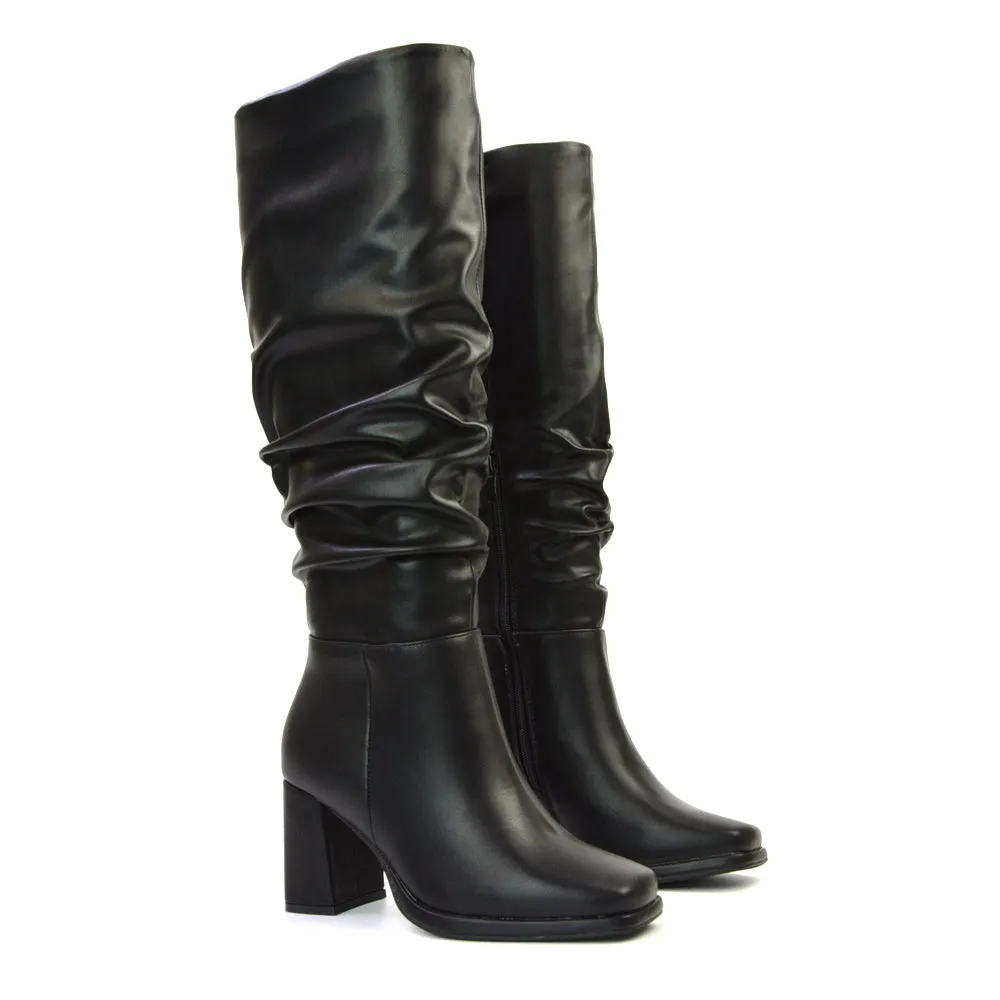 Aero Ruched Block Heel Wide Fit Knee High Boots in Black Synthetic Leather