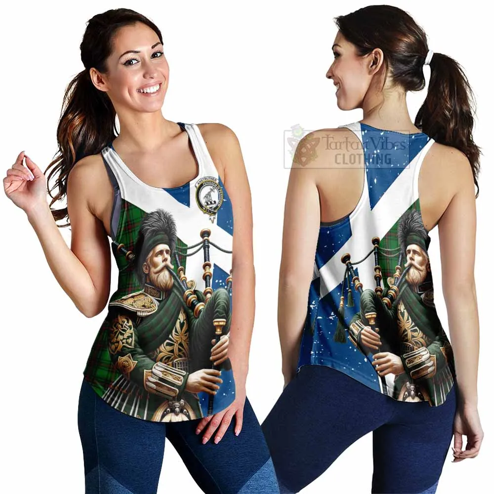 Anstruther Tartan Women's Racerback Tanks with Family Crest Scottish Bagpiper Vibes