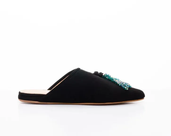 Bahia III Black Tanned Pompom Detail Mule