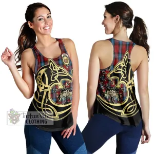 Baillie of Polkemmet Red Tartan Women's Racerback Tanks with Family Crest Celtic Wolf Style