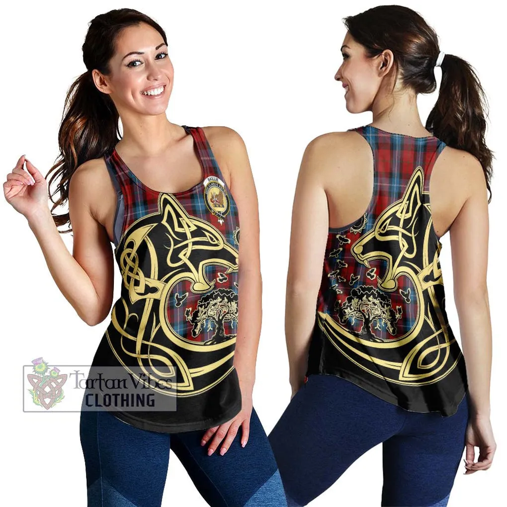 Baillie of Polkemmet Red Tartan Women's Racerback Tanks with Family Crest Celtic Wolf Style