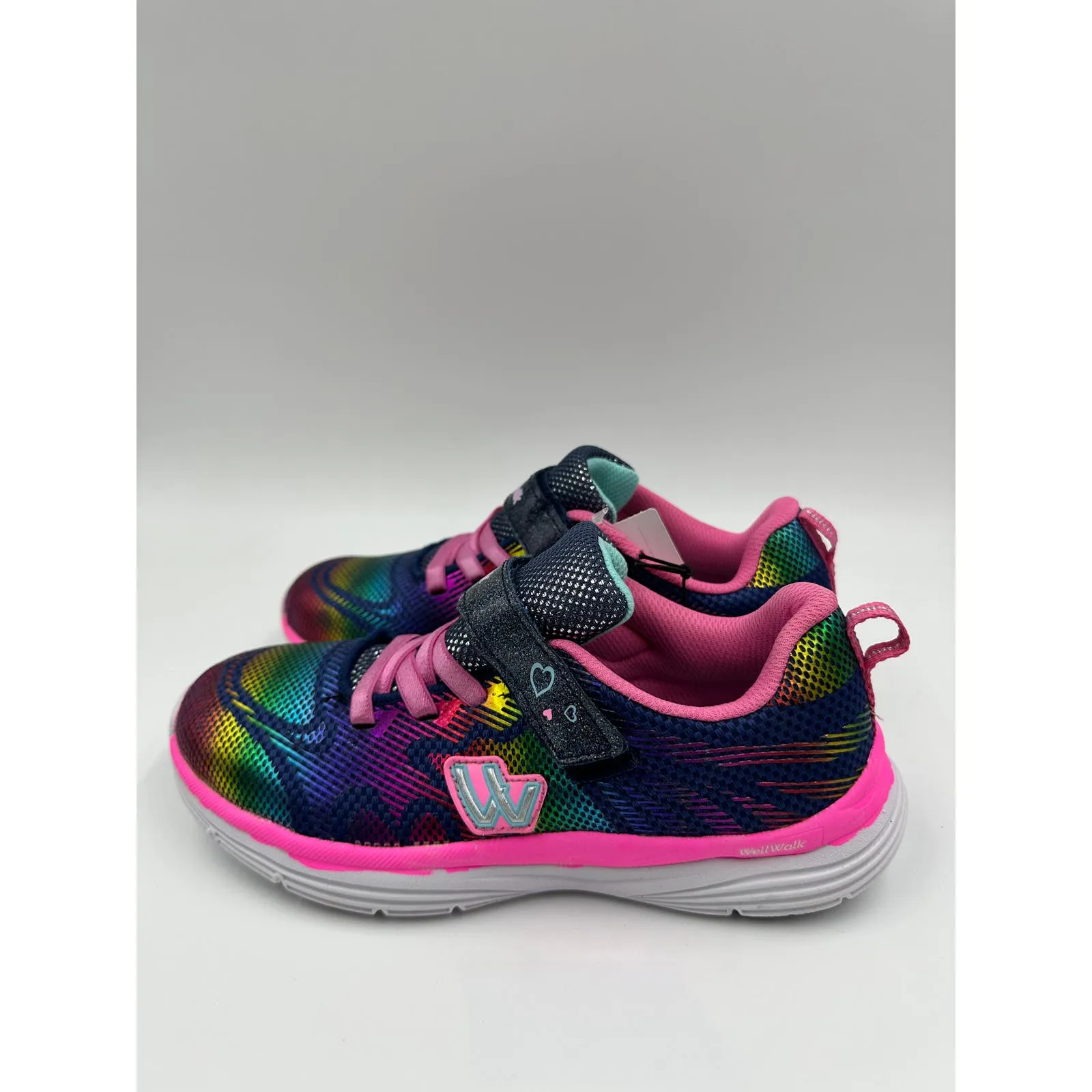 Big Kid Size 4, Blue w/ Reflective Rainbow Print, Pink Accents and Laces