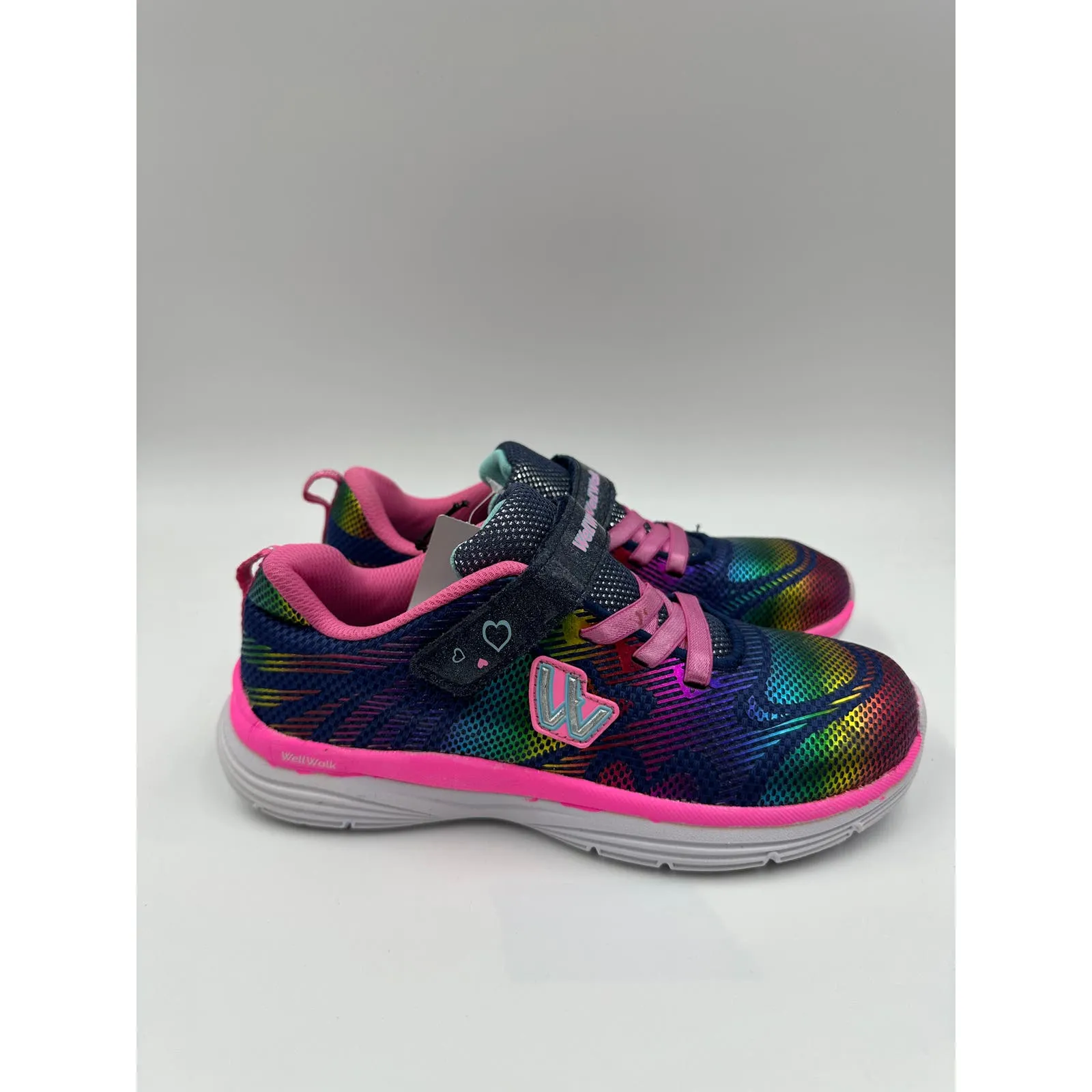 Big Kid Size 4, Blue w/ Reflective Rainbow Print, Pink Accents and Laces