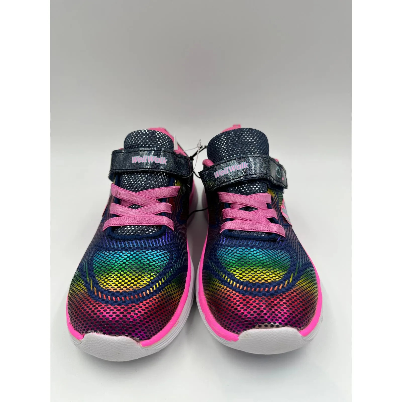 Big Kid Size 4, Blue w/ Reflective Rainbow Print, Pink Accents and Laces