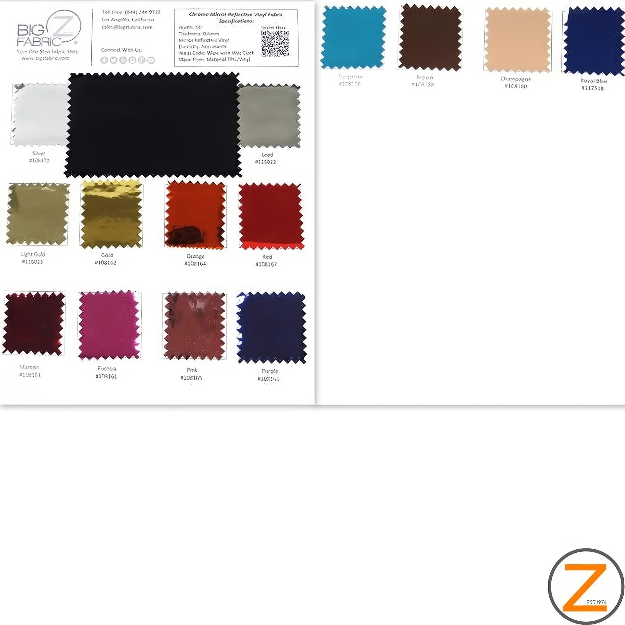 Big Z Color Card Chrome Mirror Reflective Vinyl Fabric