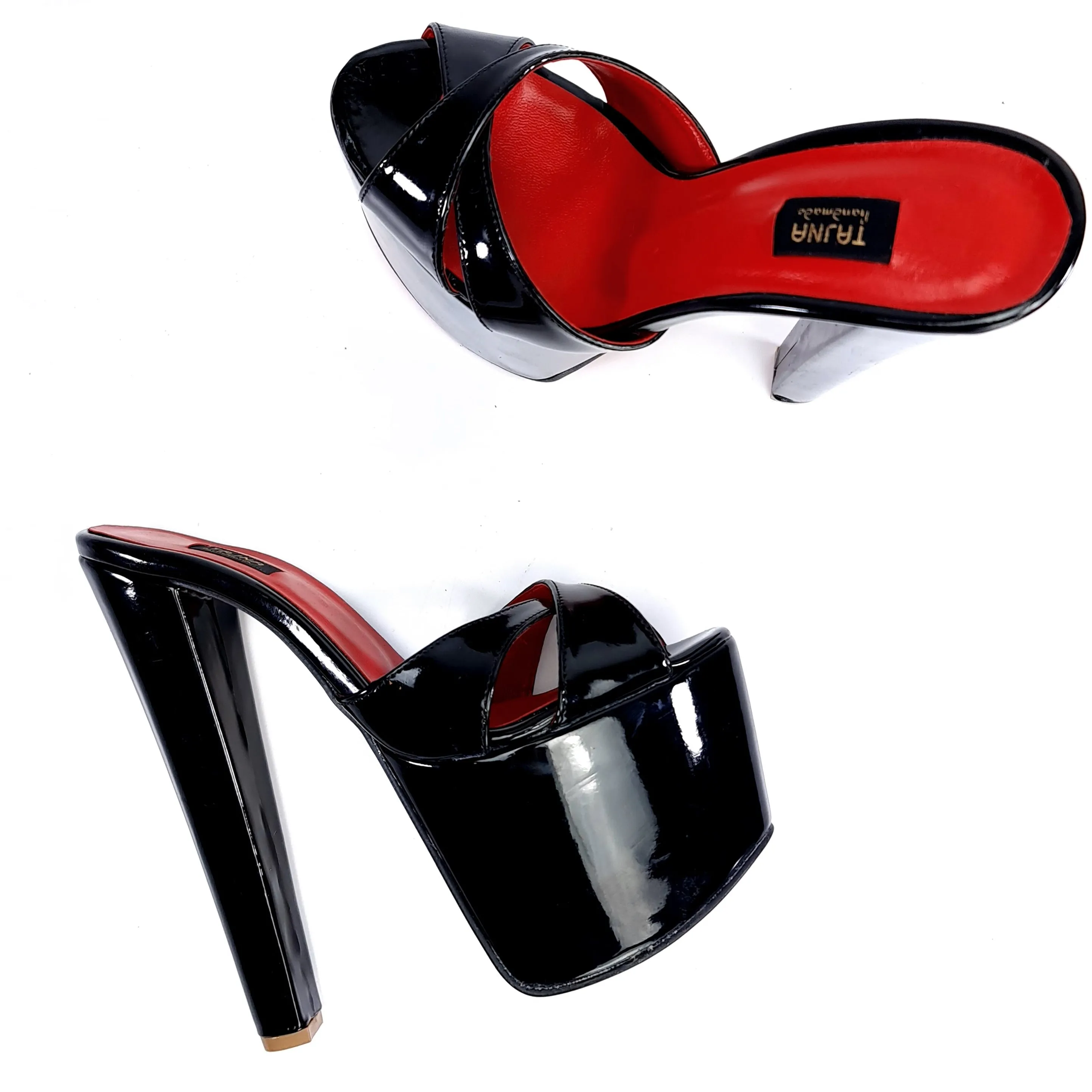 Black Gloss Red Detail Chunky Heel Mules