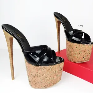 Black Patent Cross Strap Cork Mules