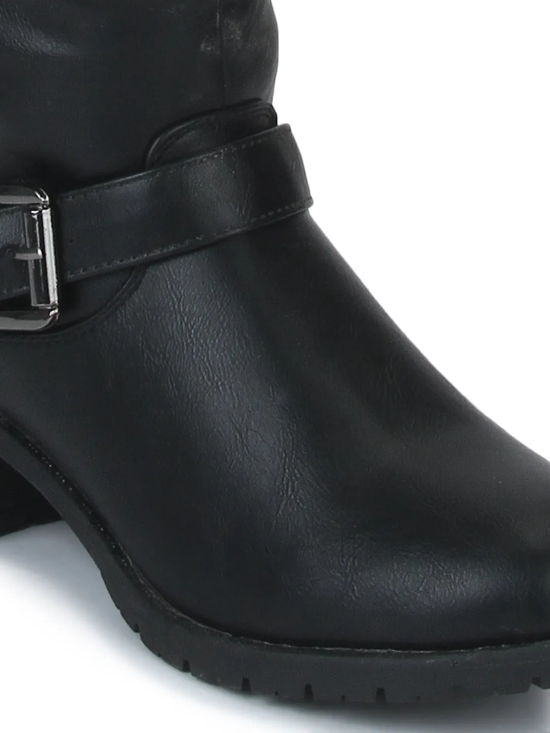 Black PU Buckle Down Collar Long Boots