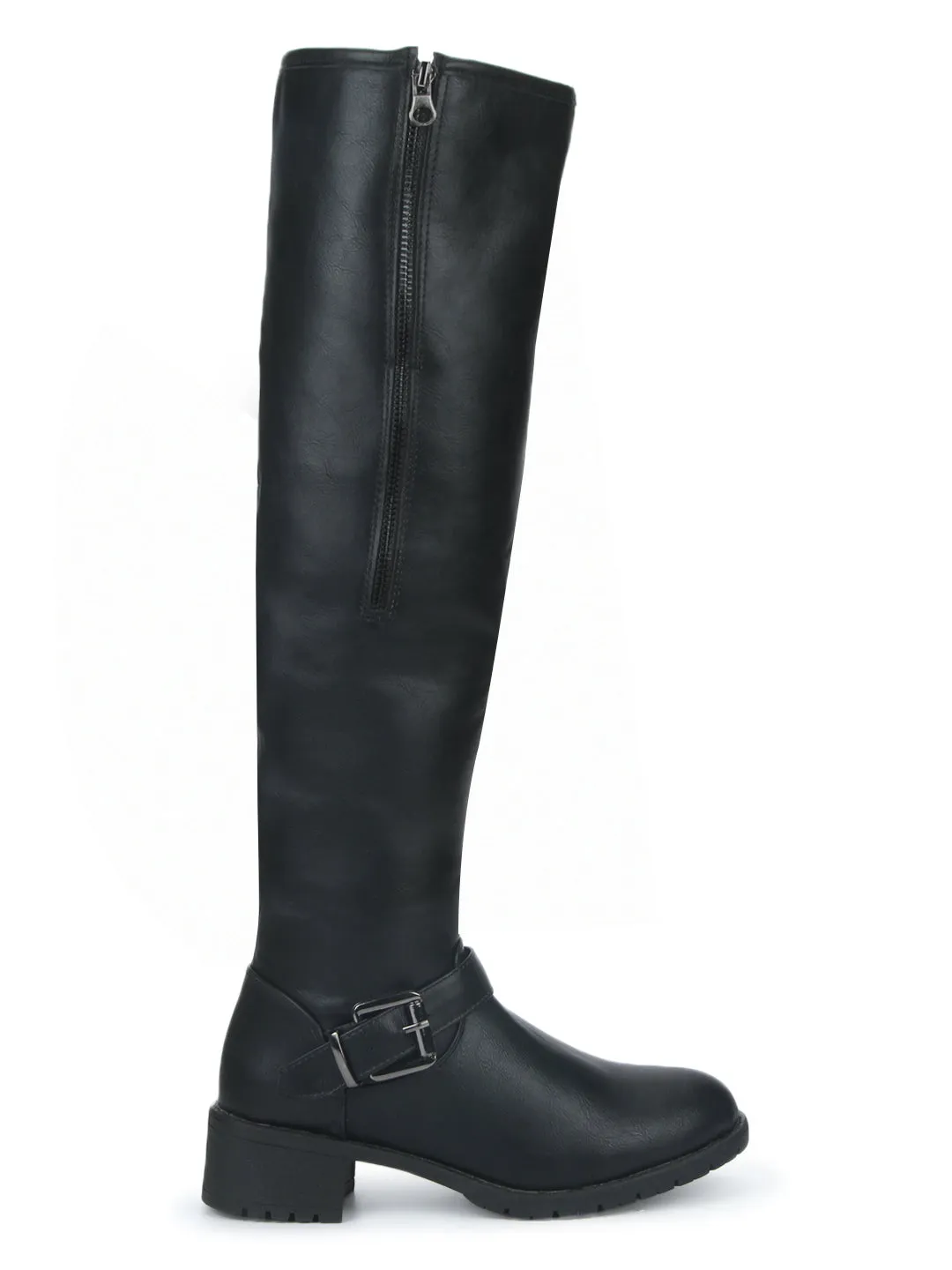 Black PU Buckle Down Collar Long Boots