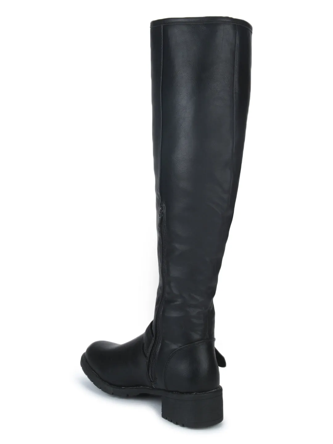 Black PU Buckle Down Collar Long Boots