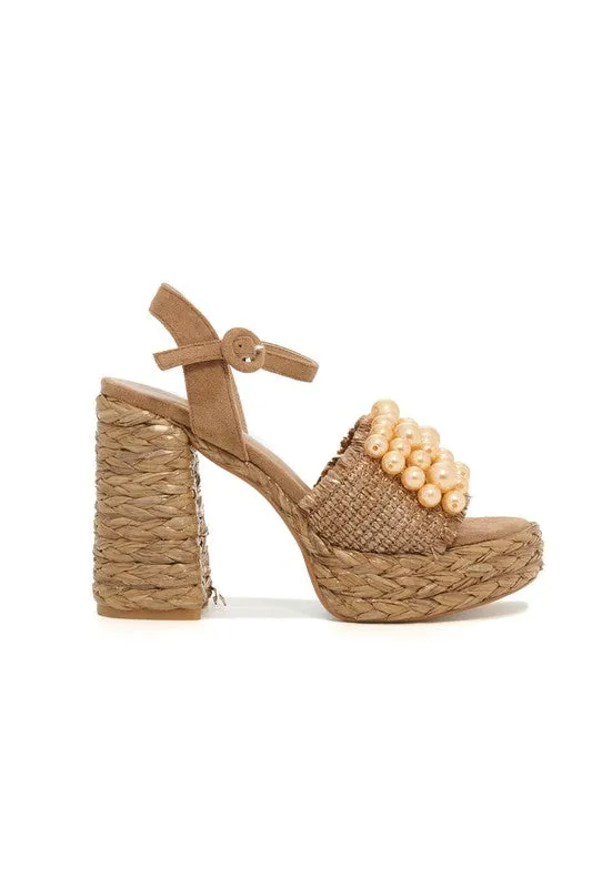 Camel Pearl Detail Strap, Raffia Chunk Heel