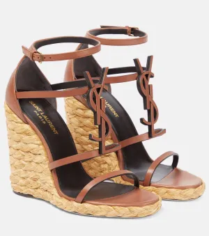 Cassandra 115 wedge sandals in leather and raffia Saint Laurent, brown