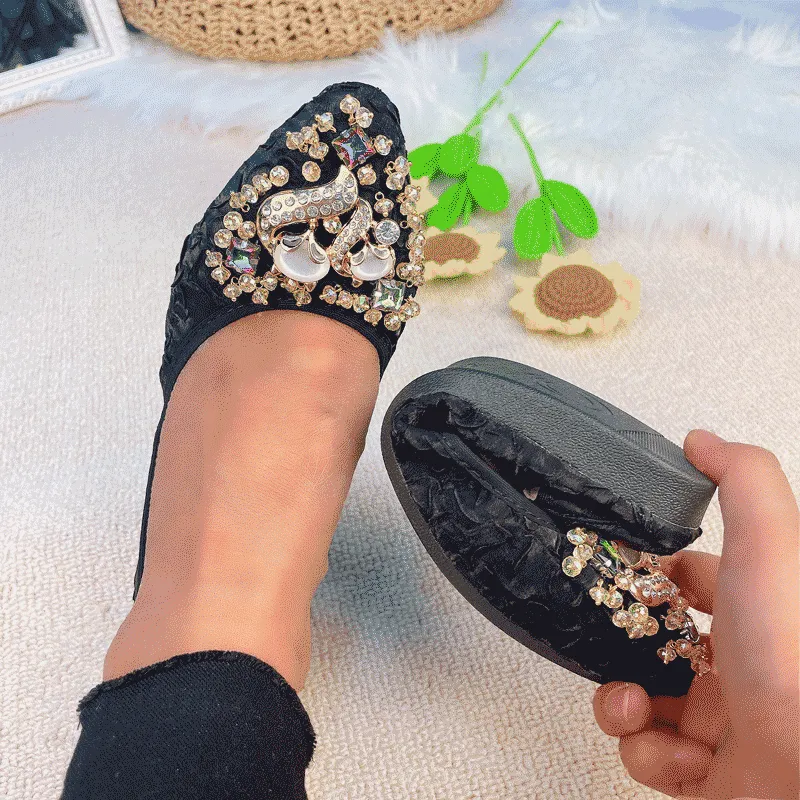 Cilool Rhinestone Flats Casual Comfort Dressy Flats For Wedding Fox Slippers CF301