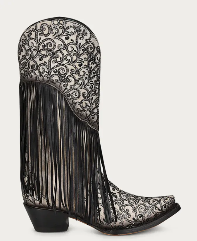 CORRAL LADIES BLACK WHITE ZEBRA FRINGE BOOT STYLE C3875