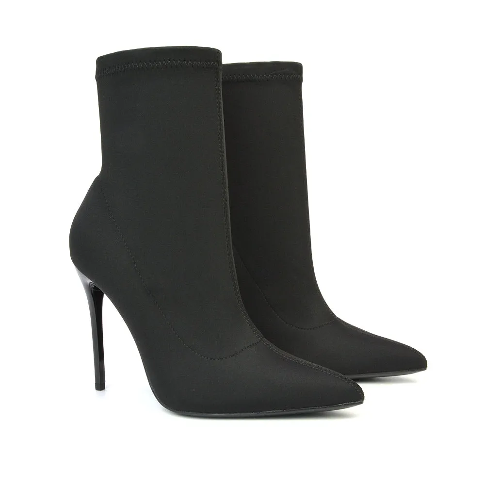 Felix Pointed Toe Stretchy Sock Ankle Boots With Stiletto Heel in Black Patent