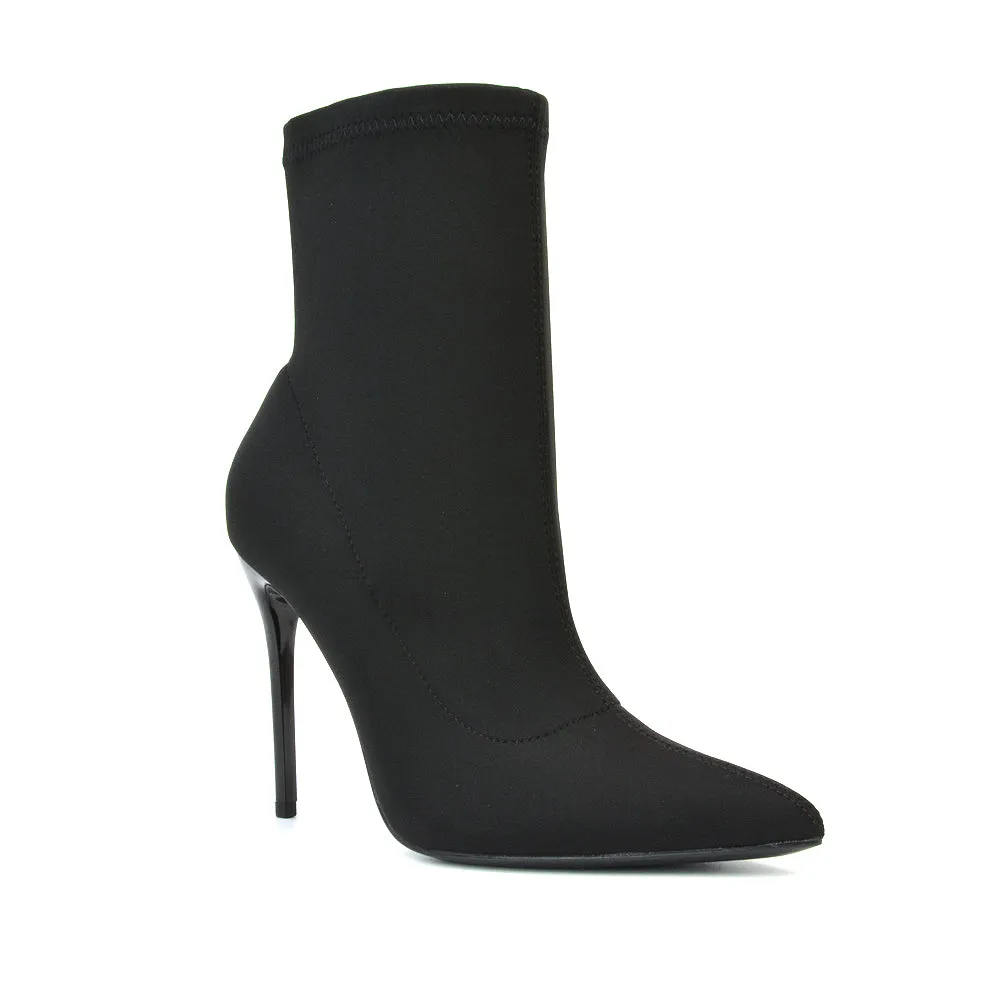 Felix Pointed Toe Stretchy Sock Ankle Boots With Stiletto Heel in Black Patent