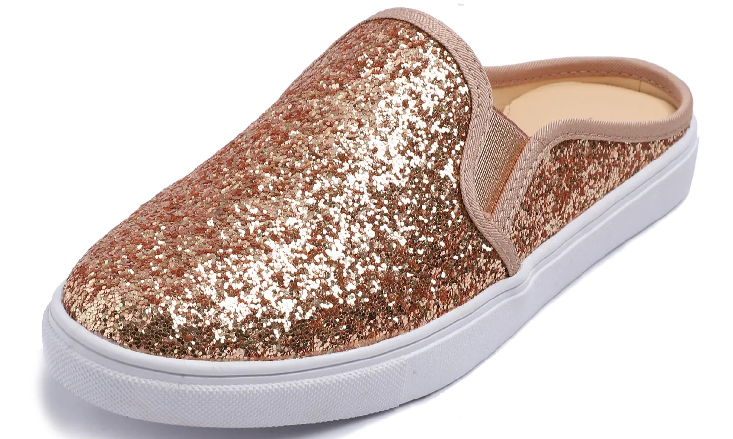 Feversole Women's Sport Mules Slip On Loafers Fashion Backless Sneakers Rose Gold Glitter