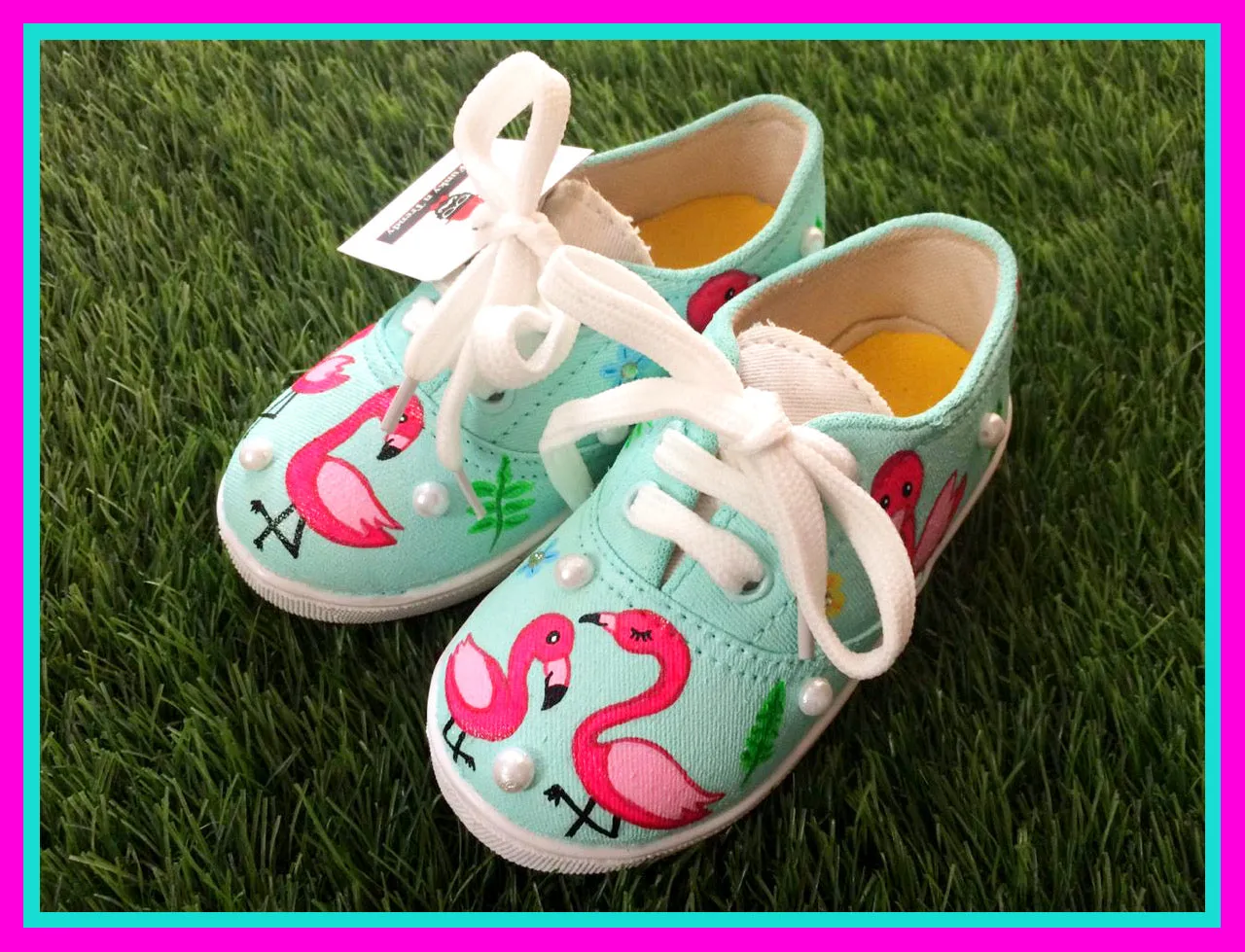 Funky N Trendy hand painted water resistant Flamingo theme mint green and pink casual shoes