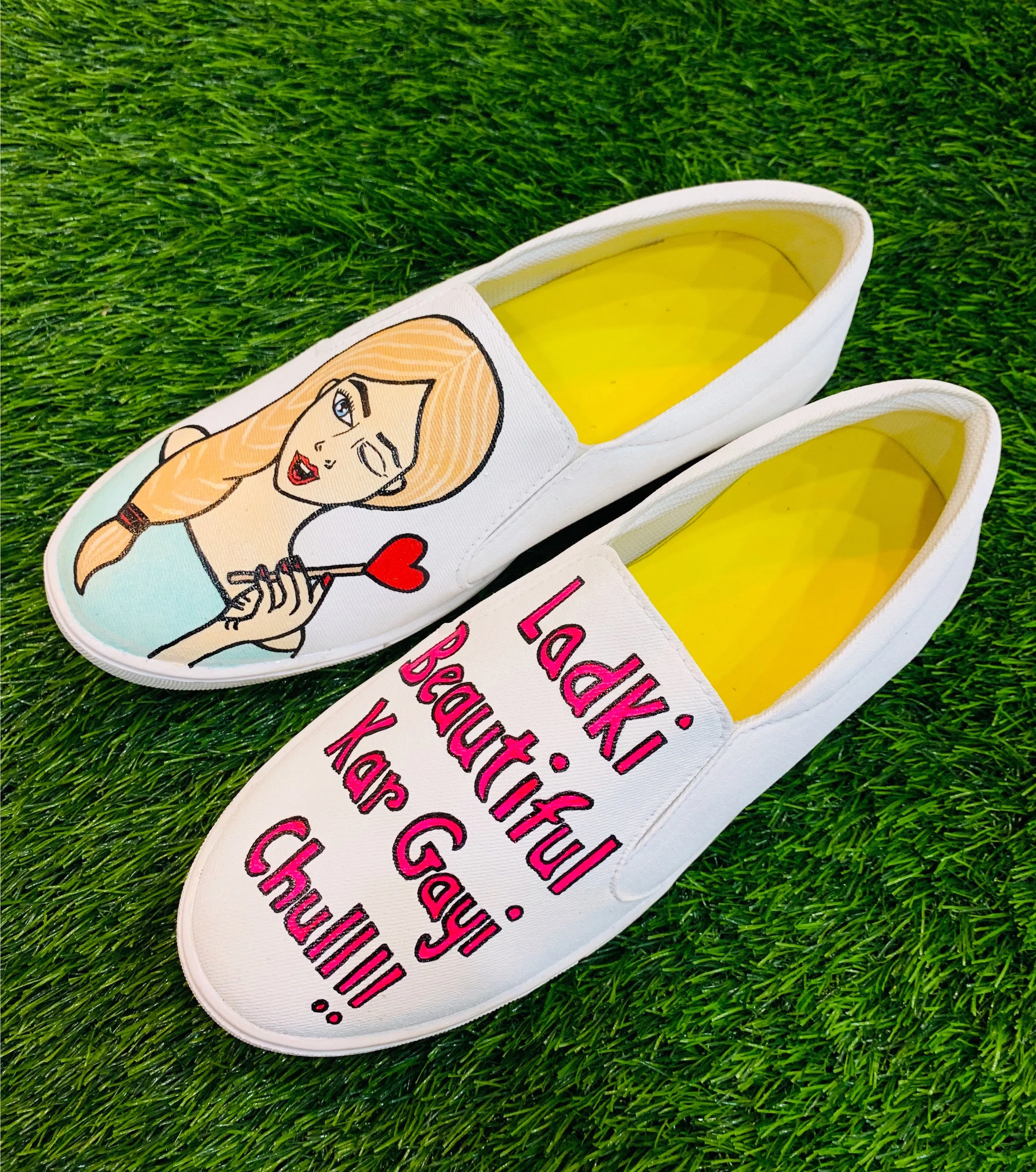 Funky N Trendy hand painted water resistant Quirky quote white slip on shoes/ handpainted shoes/ women shoes / funky shoes/ white handpainted shoes