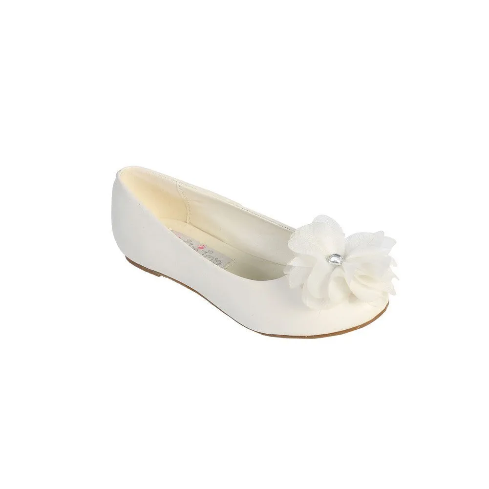 Girls Ivory Chiffon Rhinestone Large Flower Adorned Flats