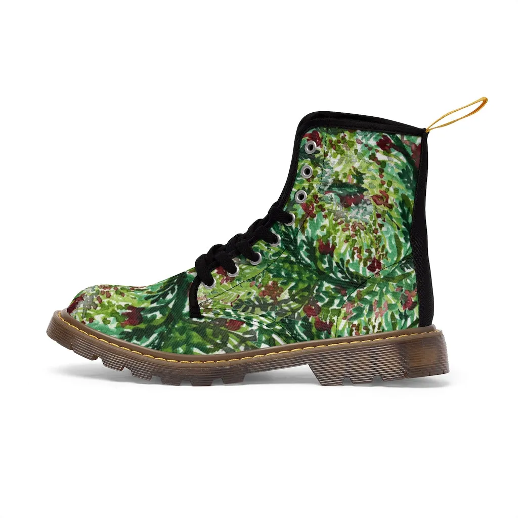 Green Floral Print Women's Boots, Best Flower Printed Winter Cute Hiking Boots For Ladies