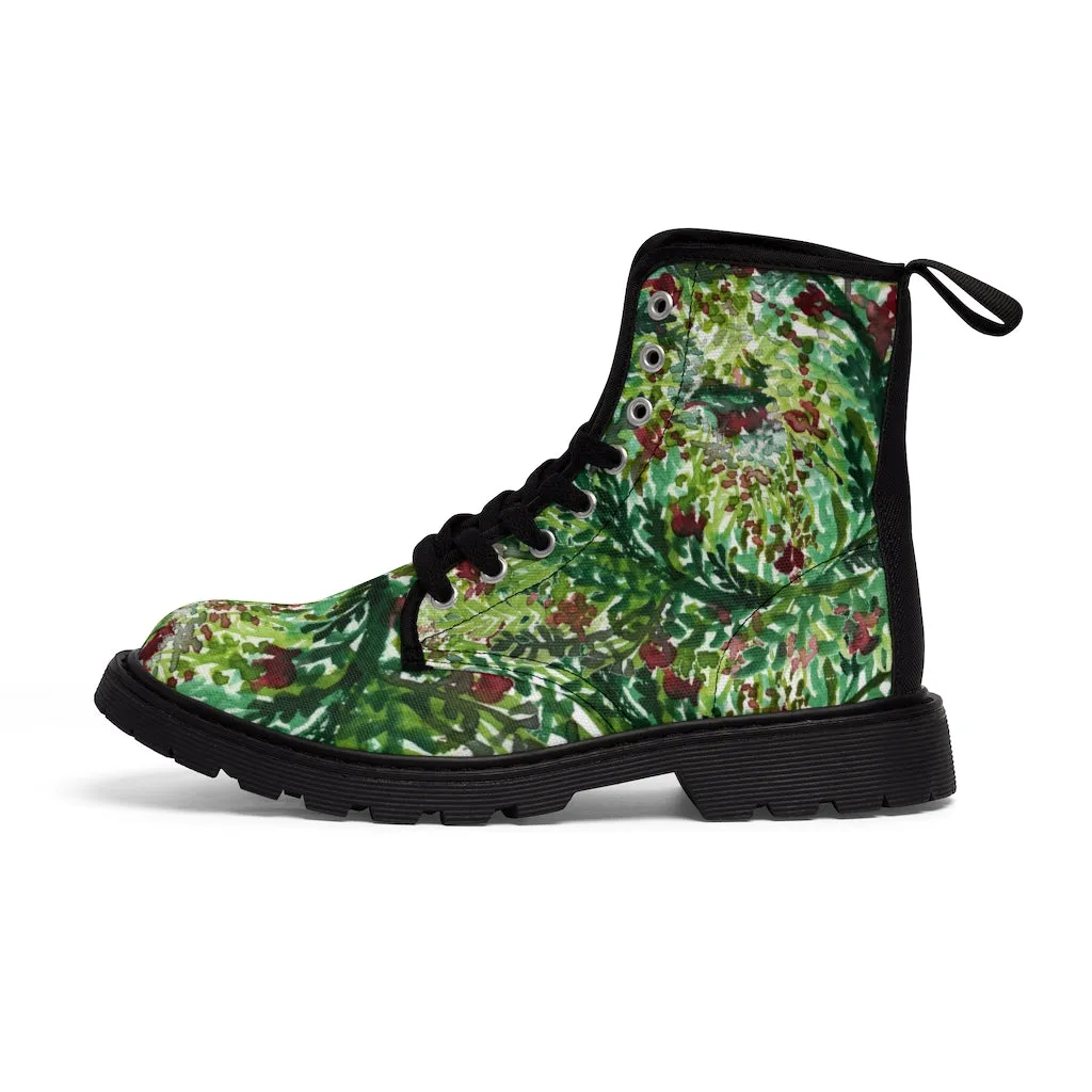 Green Floral Print Women's Boots, Best Flower Printed Winter Cute Hiking Boots For Ladies