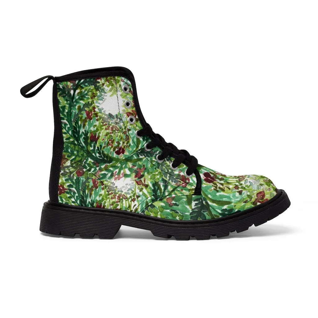 Green Floral Print Women's Boots, Best Flower Printed Winter Cute Hiking Boots For Ladies