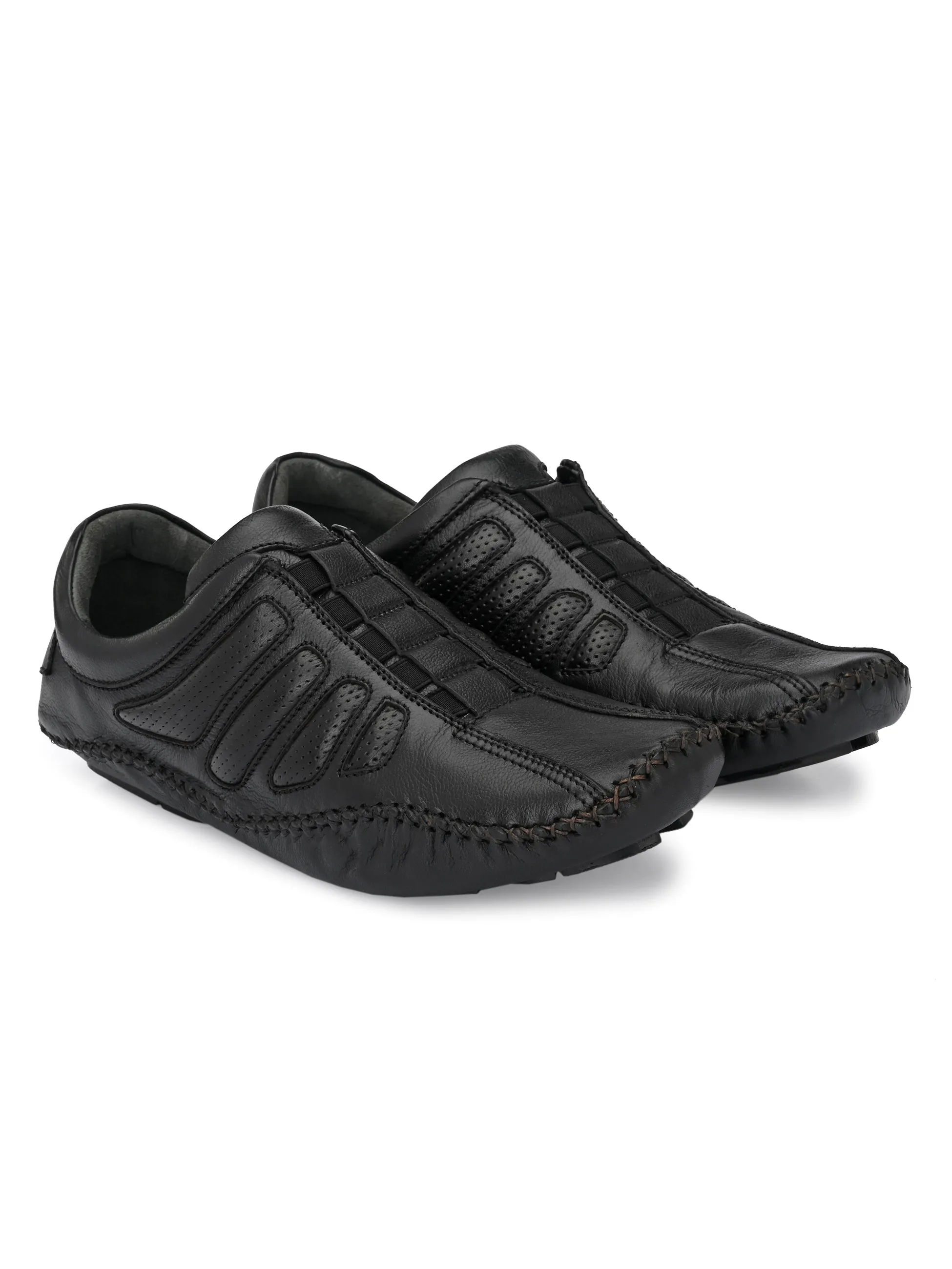 Hitz Men's Black Leather Slip On Driving Shoes