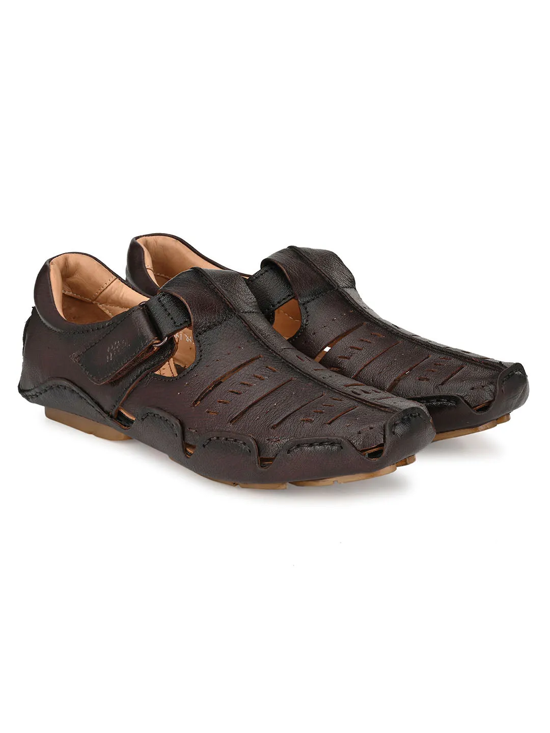 HITZ361 Men's Totone Leather Driving  Velcro Sandals