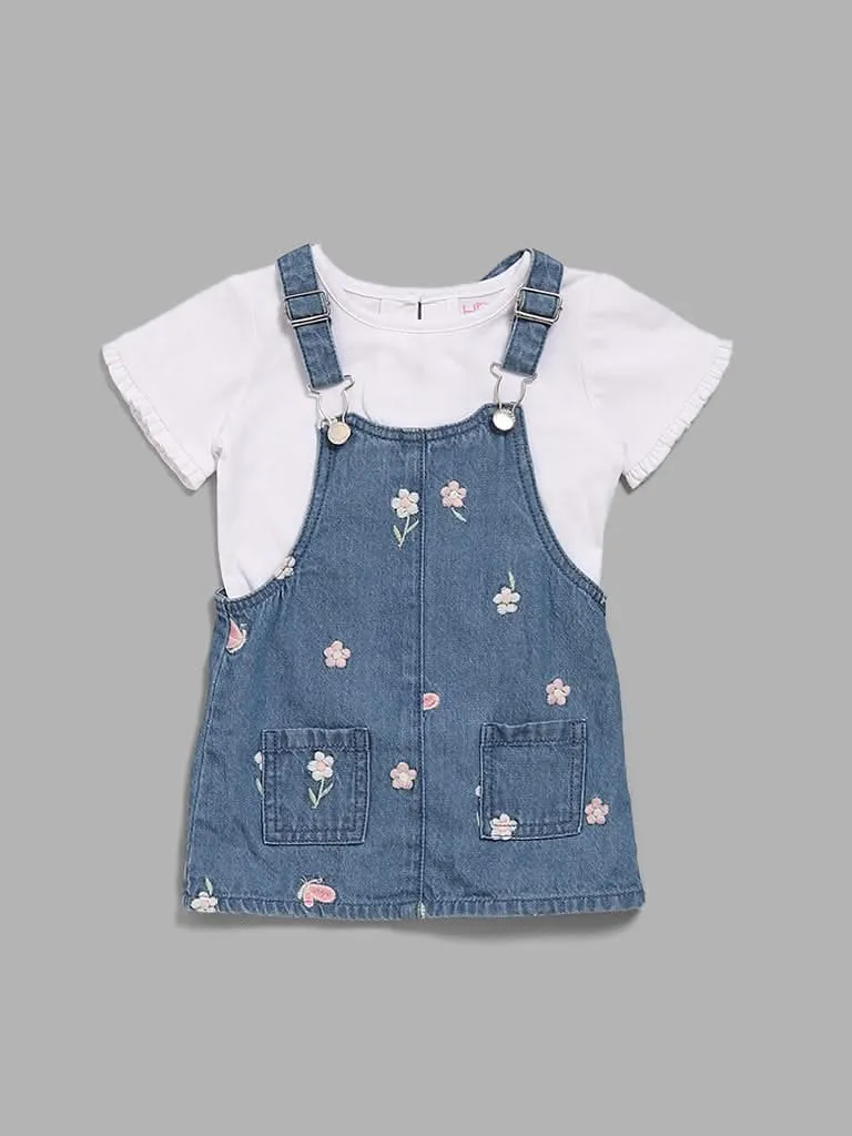 HOP Baby Blue Embroidered Dungaree with T-Shirt