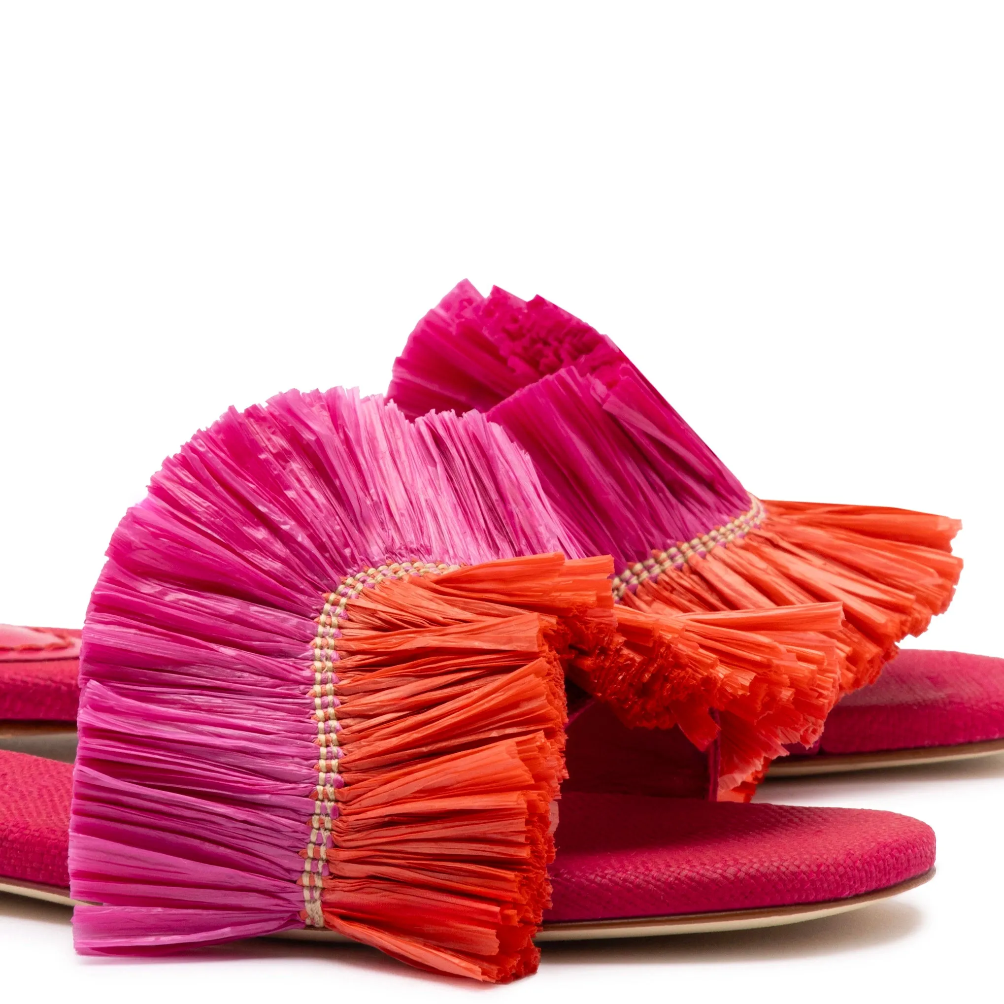 Ivy Fringe Flat In Pink and Orange Raffia