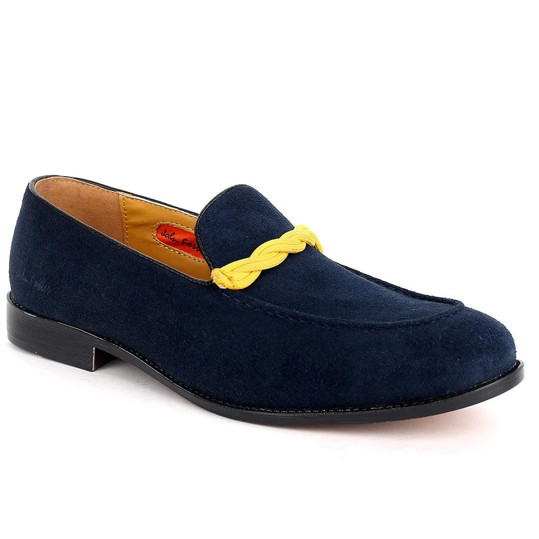 John Foster Classy Navy-Blue Suede Shoe With Yellow Twisted Rope Design