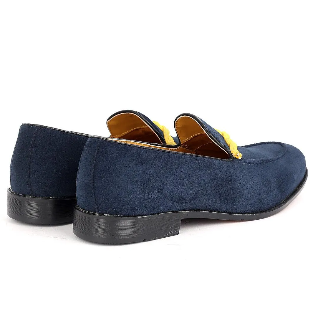 John Foster Classy Navy-Blue Suede Shoe With Yellow Twisted Rope Design