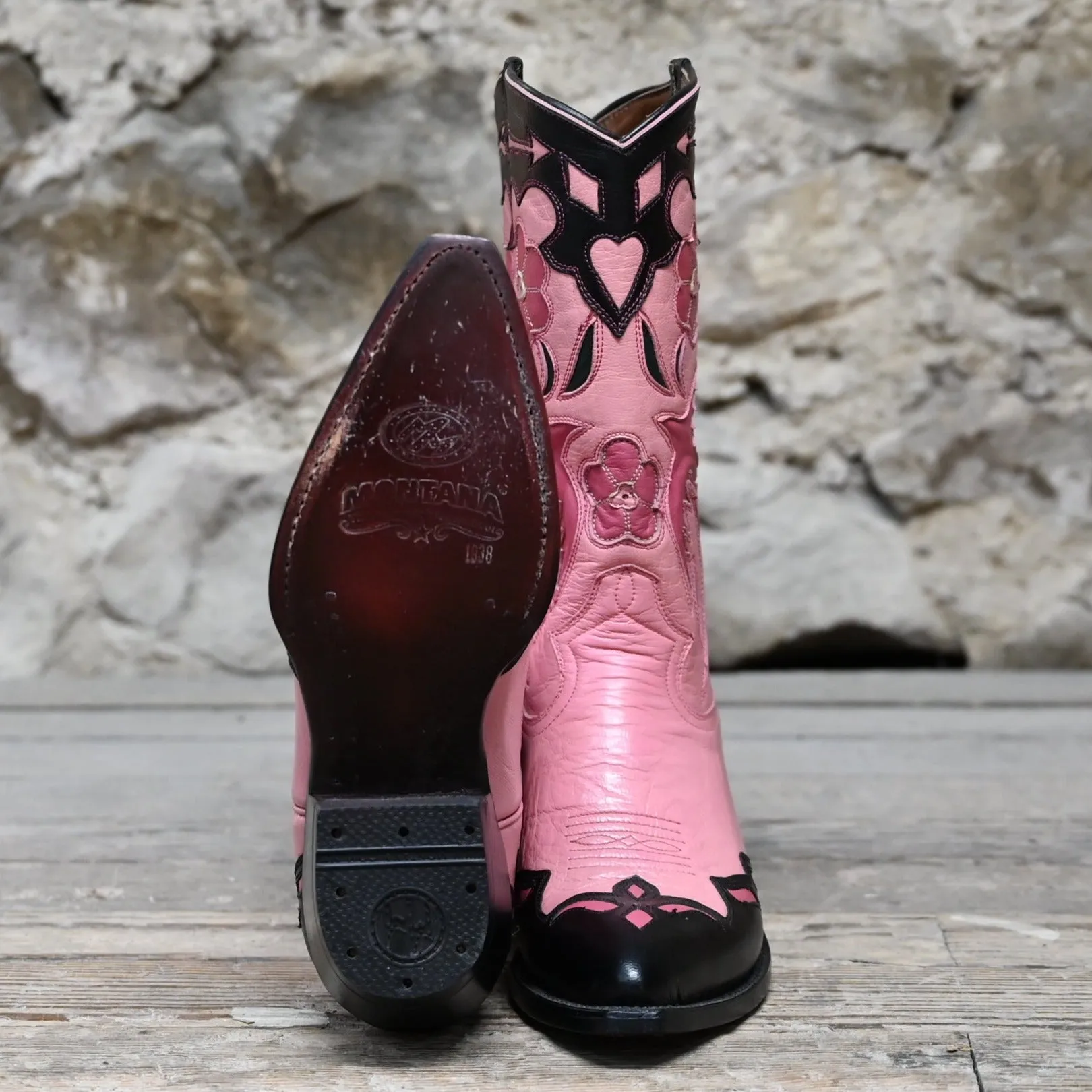 Ladies 11' Leather Boot In Pink W/Black And Raspberry Inlay