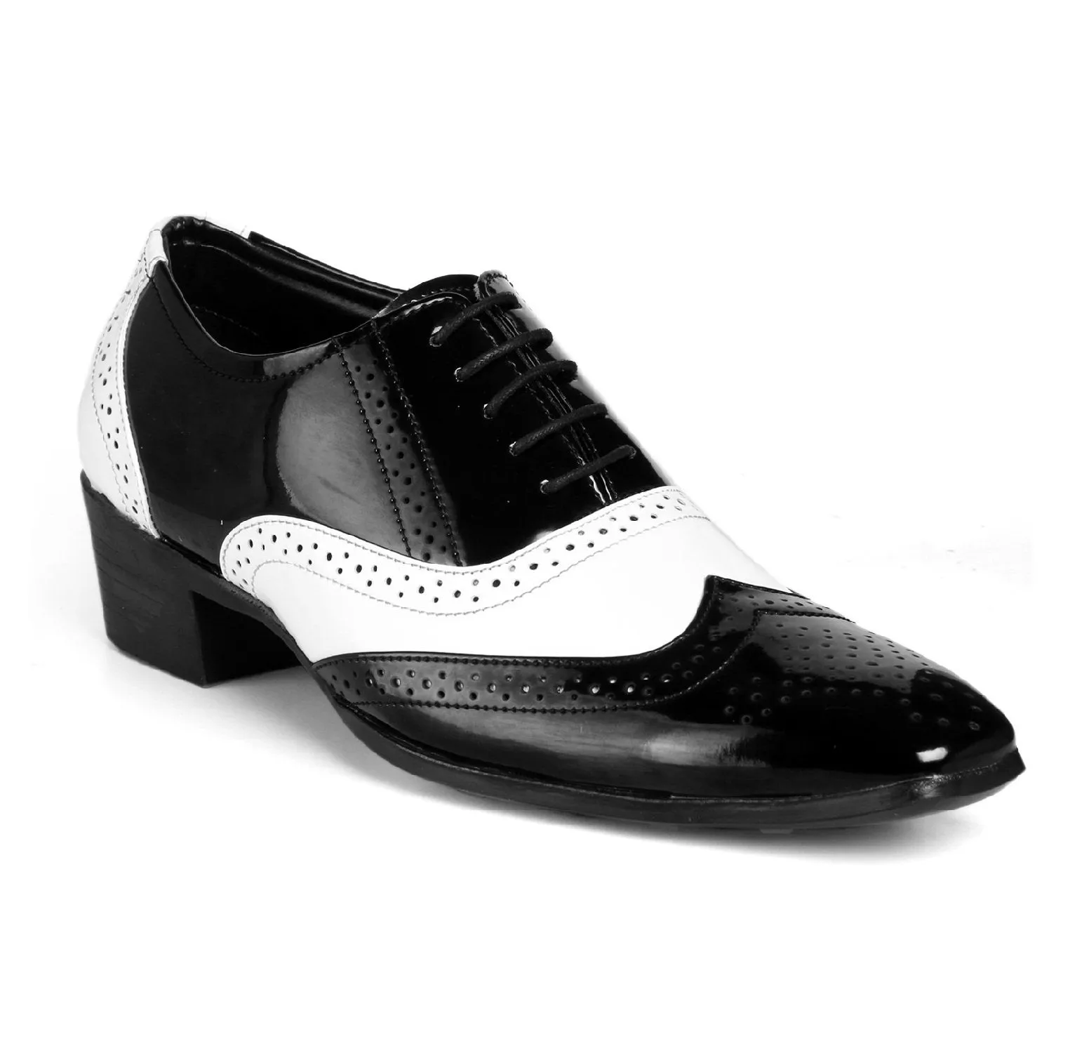 Men's Height Increasing Black and White Faux Leather Mafia Oxford Brogue Lace-Up Shoes