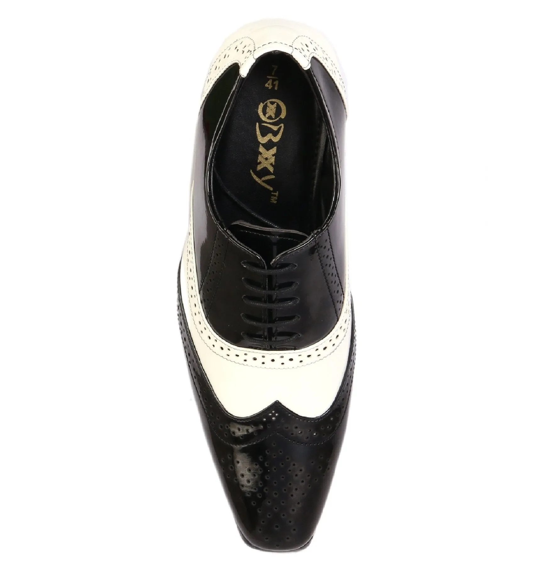 Men's Height Increasing Black and White Faux Leather Mafia Oxford Brogue Lace-Up Shoes