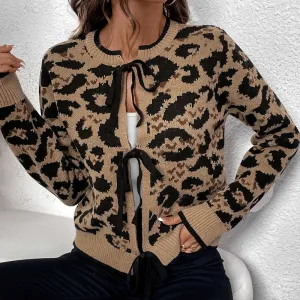 METAVERSMALL new leopard print bow straps knitted sweater autumn and winter long-sleeved cardigan top