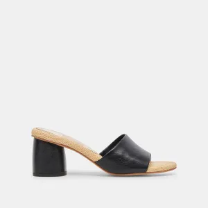 MINNY RAFFIA HEELS BLACK LEATHER