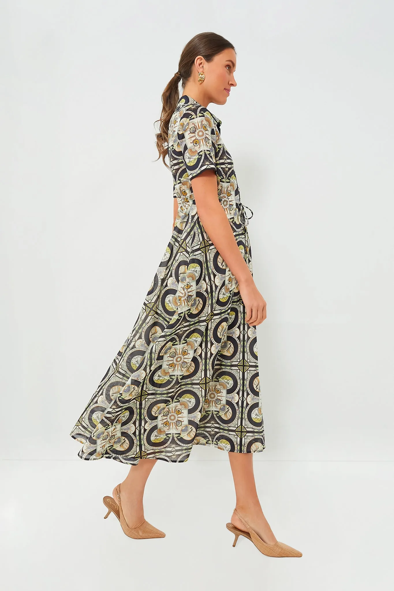 Navy Sundial Printed Cotton Shirtdress