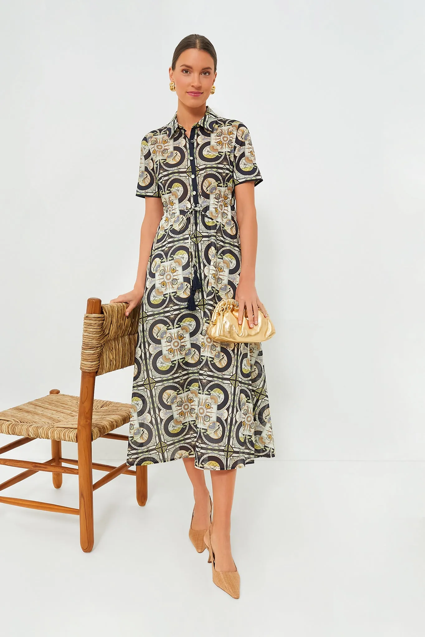 Navy Sundial Printed Cotton Shirtdress