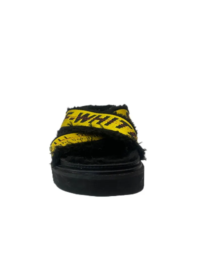 Off-White Black & Yellow Furry Cross Strap Sandals. Size: 37