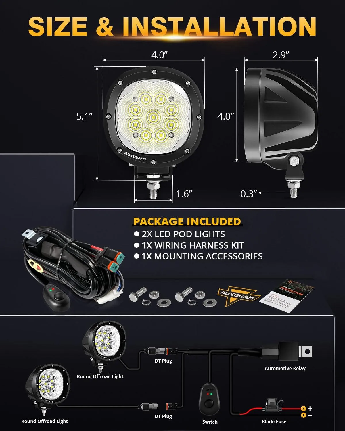 P4 Series | 4 Inch 90W 9000LM Round LED Driving Lights Flood White Pod Lights