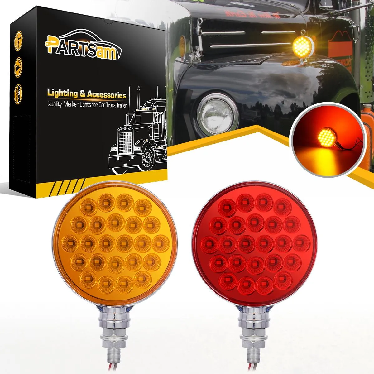 Partsam 2pc 4inch Round Double Face Single Stud Mount Pearl Red/Amber 48 LED Pedestal Fender Reflective Lights w Chrome Housing Sealed Replacement for Kenworth/Peterbilt/Freightliner