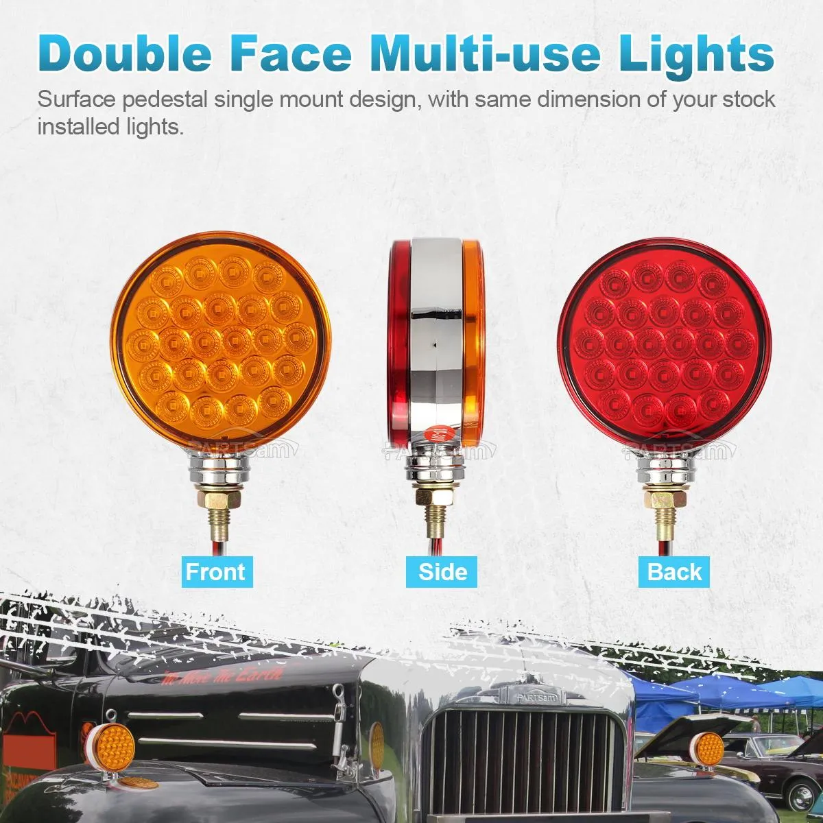 Partsam 2pc 4inch Round Double Face Single Stud Mount Pearl Red/Amber 48 LED Pedestal Fender Reflective Lights w Chrome Housing Sealed Replacement for Kenworth/Peterbilt/Freightliner