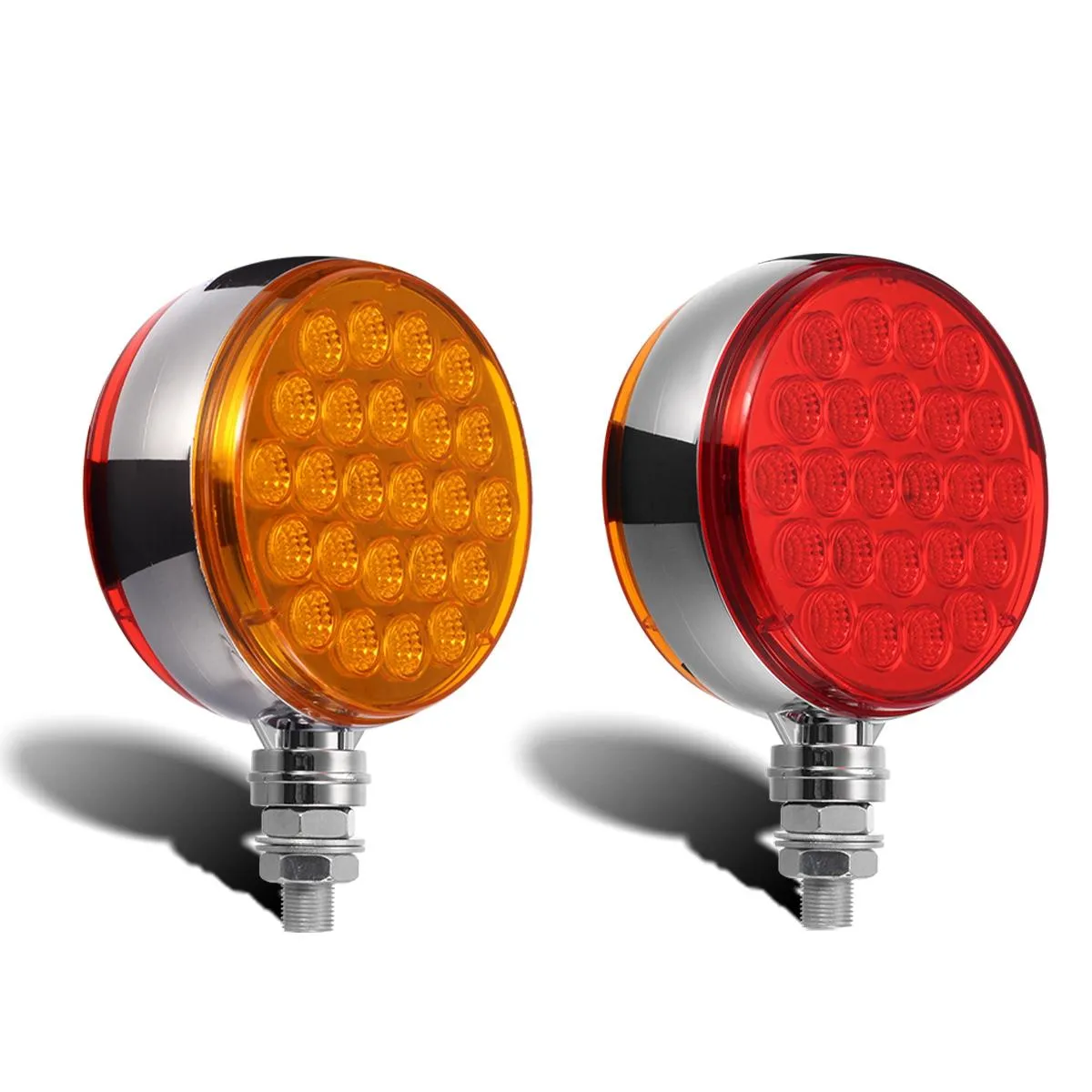 Partsam 2pc 4inch Round Double Face Single Stud Mount Pearl Red/Amber 48 LED Pedestal Fender Reflective Lights w Chrome Housing Sealed Replacement for Kenworth/Peterbilt/Freightliner